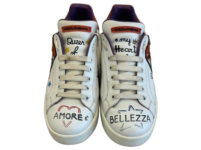 Dolce & Gabbana Portofino Zapatillas Bajas Piel Blanca Graffiti Blanco
