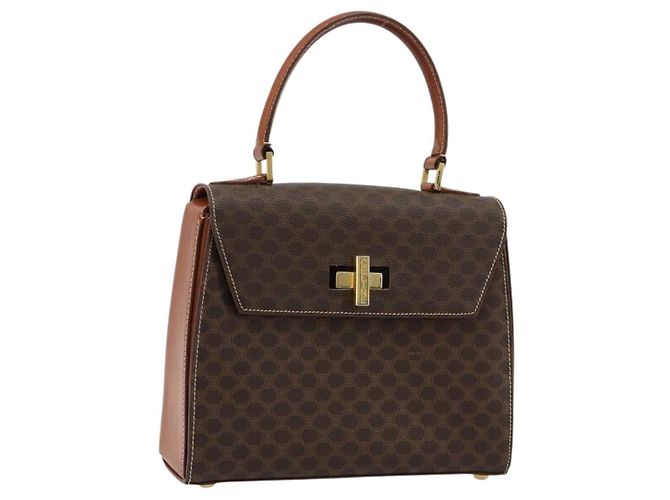 Céline Borsa CELINE Macadam Canvas PVC Pelle Marrone Oro Auth mr2441 D'oro