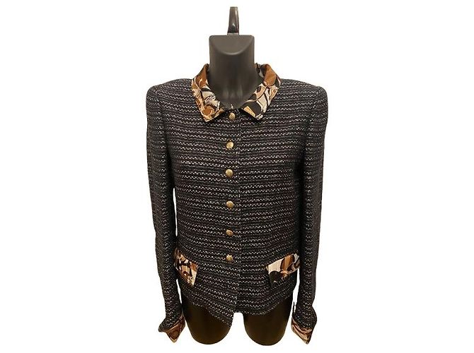 Timeless Giacca Chanel Black Tweed Silk Floral Collar SS2005