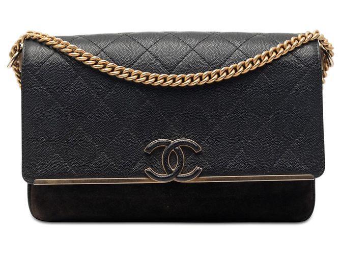 Chanel Black CC Stitched Caviar e Suede Lady Coco Flap Preto