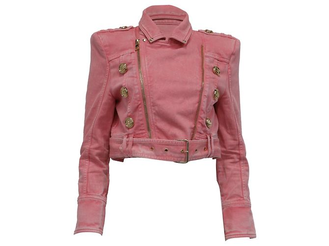 Jaqueta jeans curta com cinto Balmain em algodão rosa