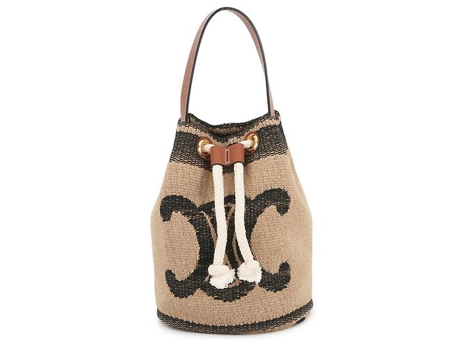 Céline Sac à main Celine Teen Drawstring Triomphe Noir Beige