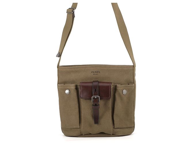 Bolsa de ombro Prada Route em lona e couro Caqui