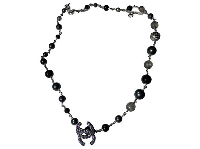 Collana Chanel CC Logo con Perle e Strass Nero Grigio Metallico 