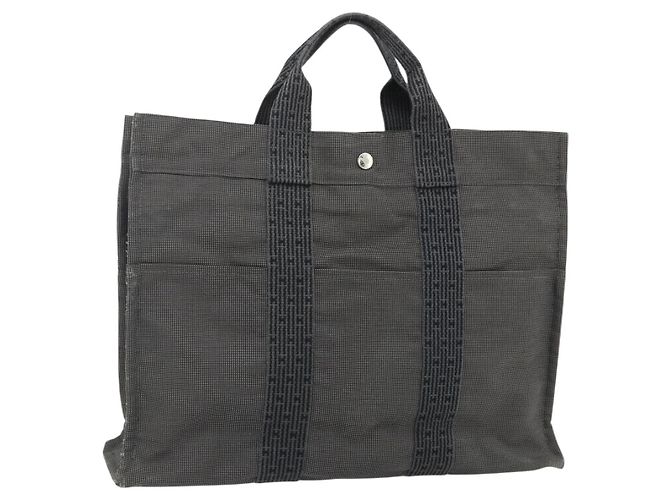 Hermès HERMES Her Line MM Handtasche Canvas Grau Silber Authentisch 179155A Braun