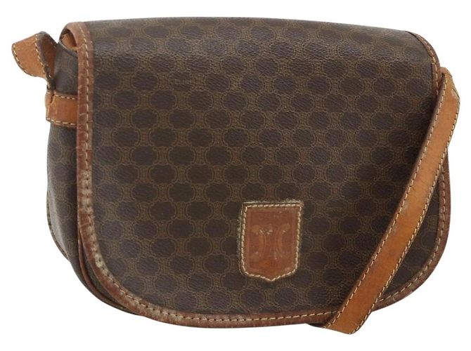 Céline Bolsa de Ombro CELINE Macadam Canvas PVC Couro Marrom Ouro Auth ep14625 Dourado