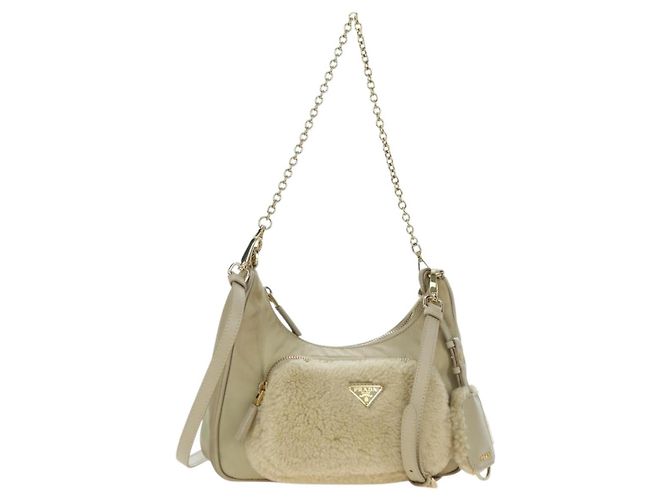 Borsa a Spalla con Catena PRADA Nylon 3way Beige Oro Auth 179052V D'oro