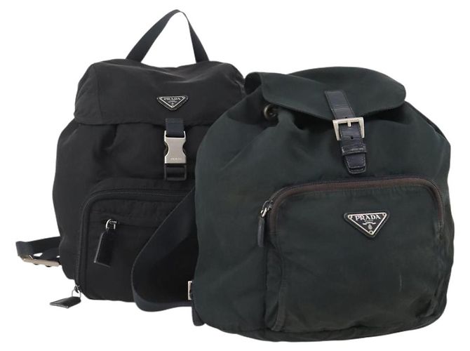 PRADA Backpack Nylon 2 Set Black Khaki Auth bs34889