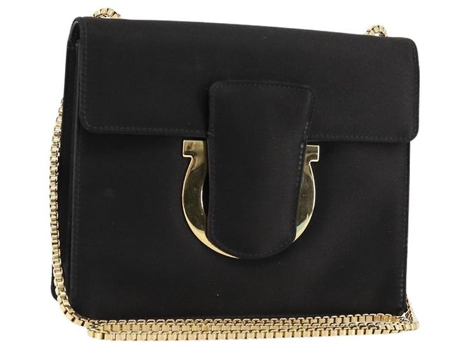 Borsa a Spalla Salvatore Ferragamo Gancini in Satin Nero e Oro Auth 179087 D'oro