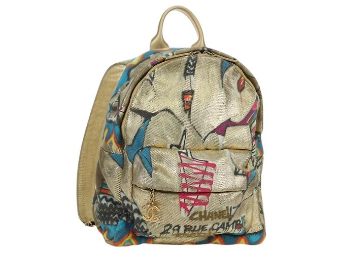 CHANEL Graphic Backpack Coated Canvas Gold CC Auth 177236SM Golden