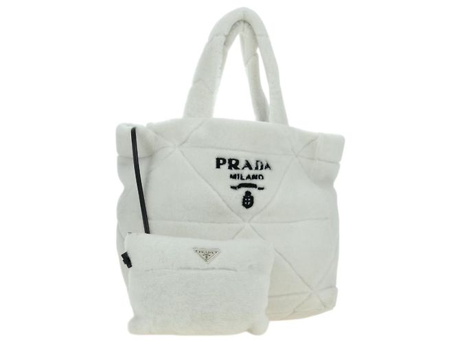 PRADA Shearing Tote Bag Mouton Weiß Silber Auth mr2498V