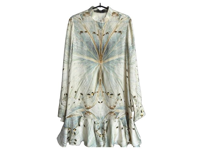 Alexander McQueen FW2018 Seidenkleid Schmetterlingsprint Weiß Beige Grün