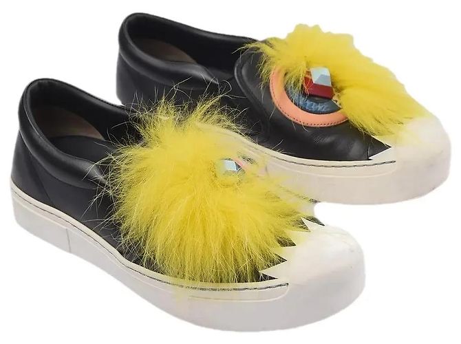 Fendi Monster Sneaker Slip-on Pelle Nera Nero Giallo