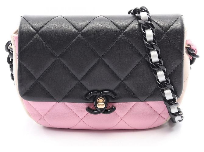 Borsa a Spalla Chanel Mini Matelassé Nero Rosa Beige