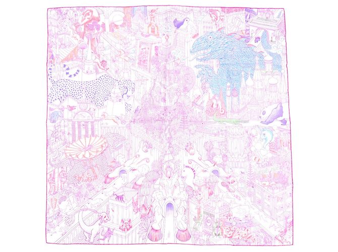 Silk In Hermès Lenço de seda Carré 90 Animapolis Hermes Azul Laranja Roxo