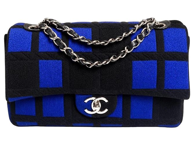 Chanel 13P Runway Blue Black Jersey Classic Medium Single Flap Bag SHW Nero Silver hardware