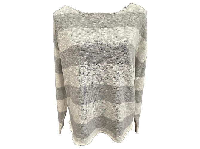 Autre Marque Esthème Paris gestreifter Baumwoll-Leinen-Pullover Weiß Grau 