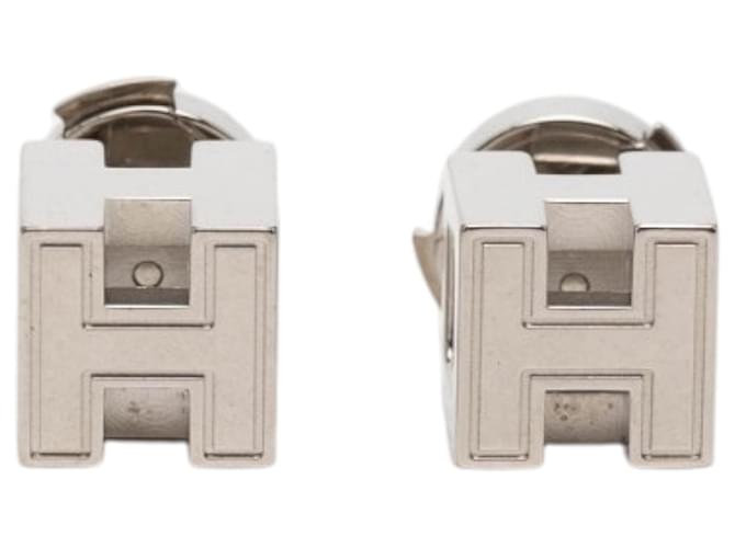 Hermès Silver Palladium Plated Cage dH Cube Push Back Earrings Silvery 