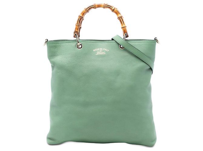 Bamboo Bolso Tote Gucci Green Tall de piel con asa de bambú Verde Verde claro