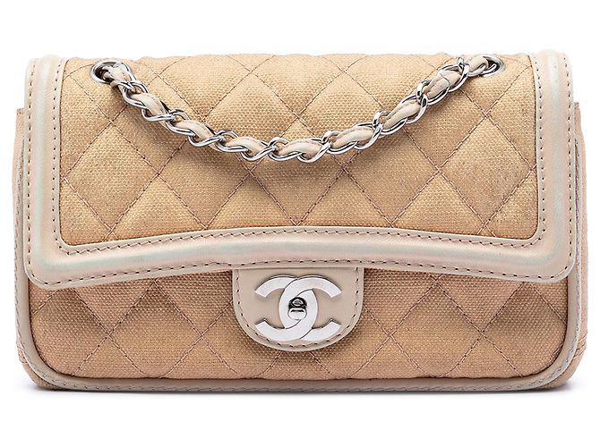 Chanel Beige Medium Classic Canvas com acabamento em pele de cordeiro Double Flap Bege