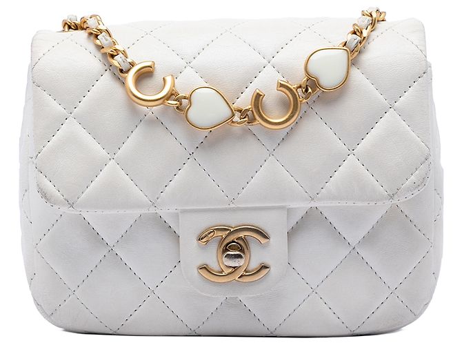 Chanel White Mini Square Classic Lambskin Enamel Coco Hearts Single Flap Blanc