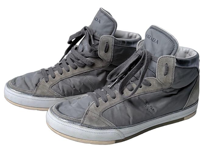 Prada Grey Leather and Nylon High-Top Sneakers Silvery