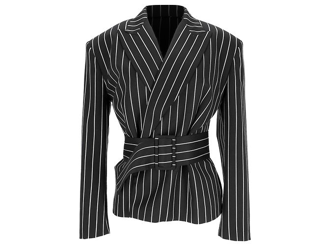Blazer listrado com cinto em lã preta Tod's