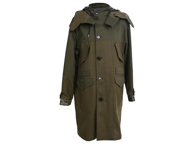 Berluti Button-Down Panelled Hooded Coat in Olive Wool Green Olive green