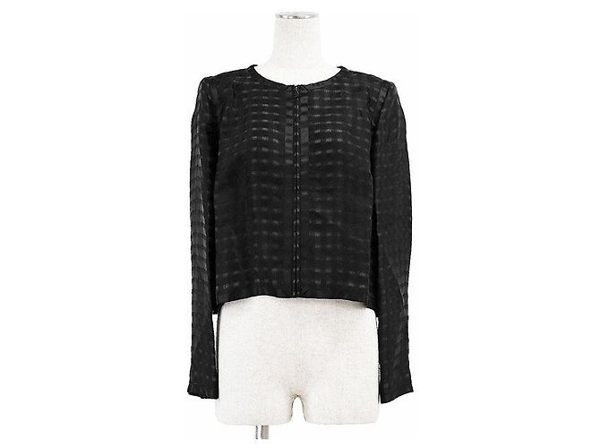 Timeless Chanel COCO Mark Charm 100% Silk Check Jacket Black