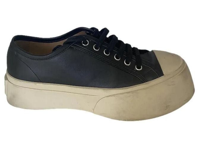 Baskets Basses Plateforme Marni en Cuir Noir Blanc