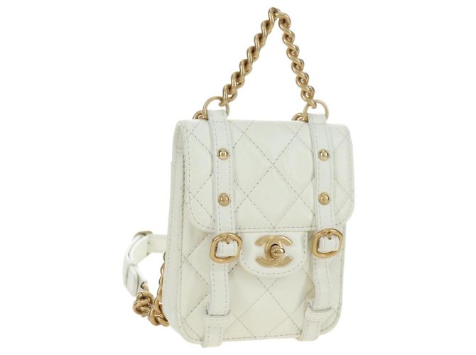 CHANEL Matelasse Chain Shoulder Bag Leather 2way White Gold CC Auth 179581SAM Blanco Dorado