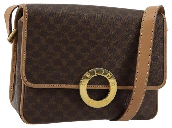 Céline Bolsa de Ombro CELINE Macadam Canvas PVC Couro Marrom Ouro Auth mr2468A Dourado
