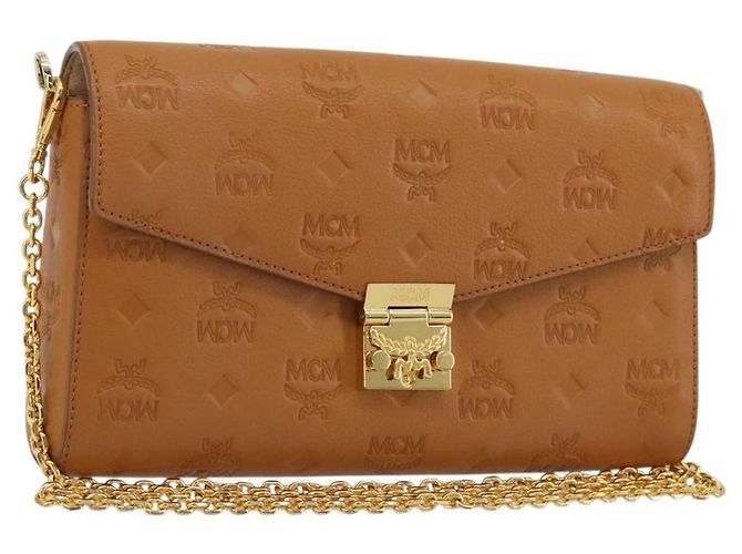 Bolsa de Ombro MCM Vicetos Logogram Chain de Couro Marrom Ouro Auth mr2451V Dourado