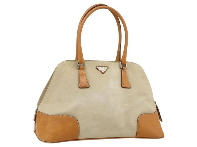 PRADA Hand Bag Canvas Beige Silver Auth 180028 Silvery