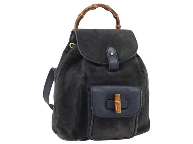 GUCCI Bamboo Backpack Suede Black Gold Auth ep14563 Golden