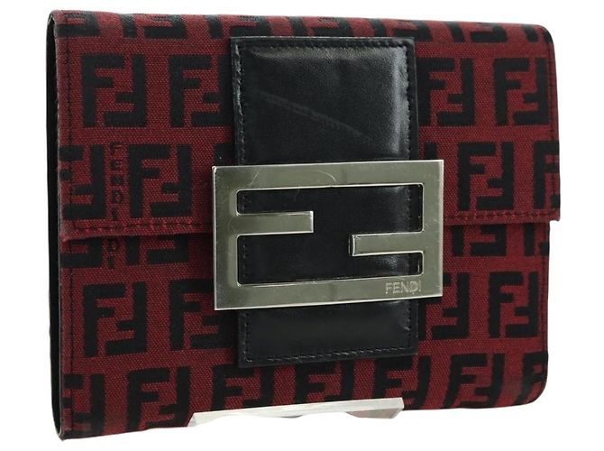 FENDI Zucchino Canvas Bifold Wallet Rot Silber Auth 167310A