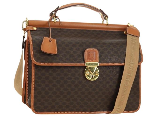Céline Bolsa CELINE Macadam Canvas PVC Couro 2way Marrom Ouro Auth am11580V Dourado