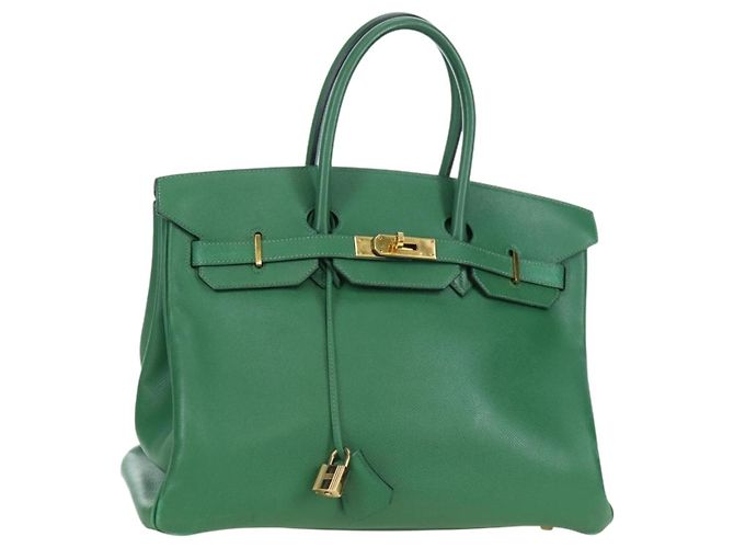 Hermès Sac à main HERMES Birkin 35 en cuir vert or Authentique 179183SAM Doré