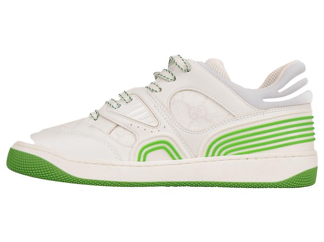 Gucci Basket Low-Top Sneaker Weiß Grün Kunstleder Damen EU 35.5