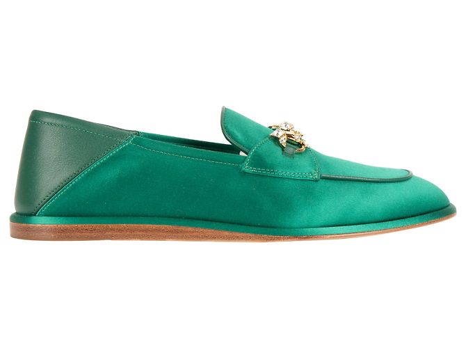 Mocasines Gucci Brixton Crystal Horsebit en satén de seda verde para mujer EU 36.5