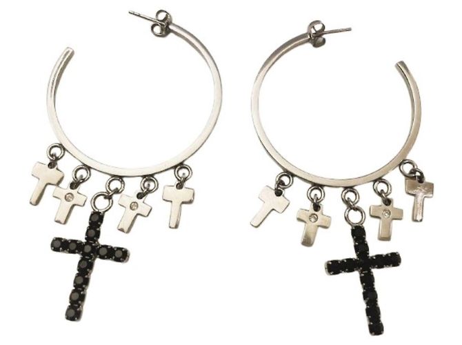 Orecchini a cerchio Dolce & Gabbana con croci e cristalli Nero Silver hardware