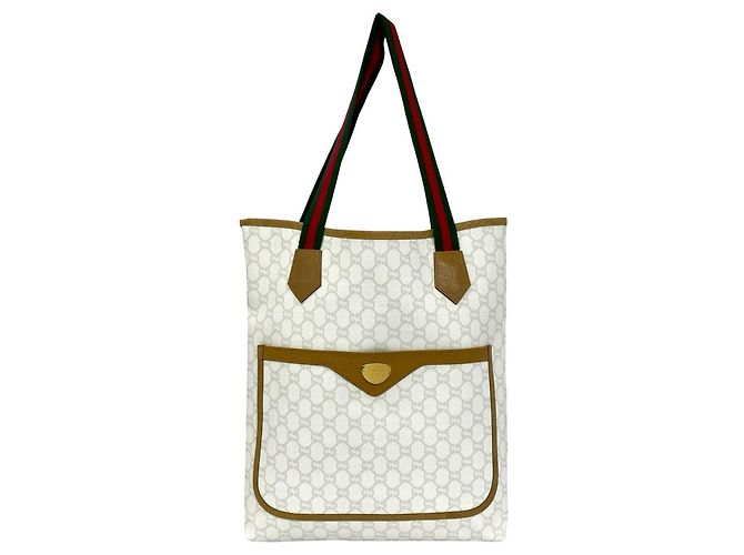 Gucci Vintage Sherry Line Ledertote Bag Weiß Rot Beige Grün