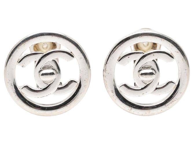 Chanel Silber CC Messing Rund Clip-On Ohrringe mit Dreverschluss