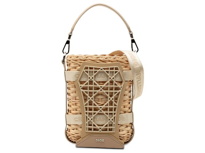 Bolsa bucket cesta Sahara de ráfia e couro marrom Dior Bege