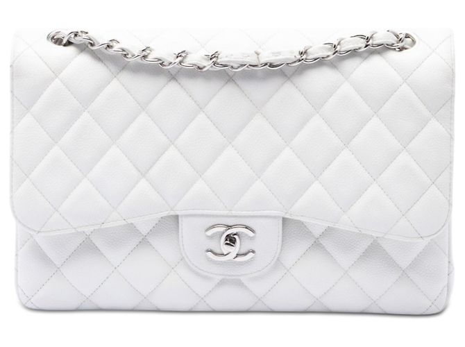 Chanel White Jumbo Classic Caviar Double Flap Blanc