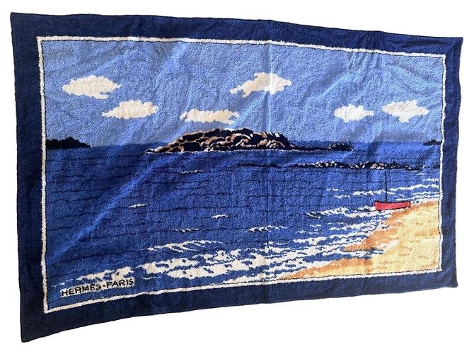 Toalha de praia Hermès em algodão azul e branco