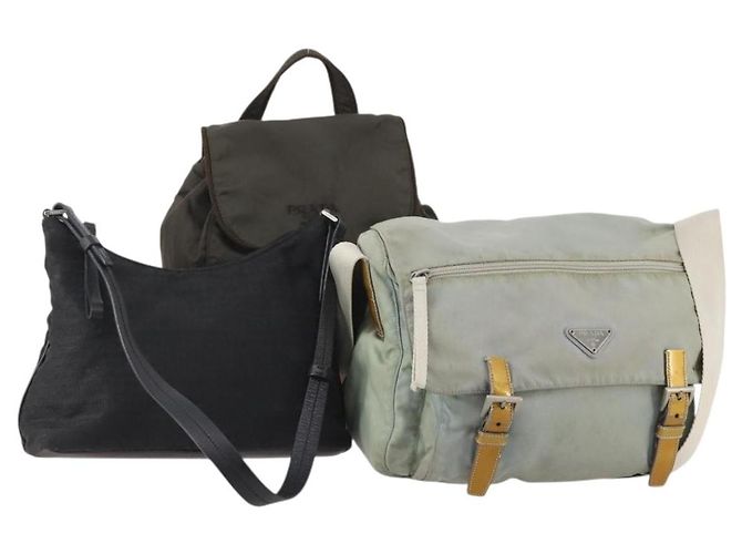 PRADA Shoulder Bag Nylon 3 Set Light Blue Khaki Black Auth bs34483