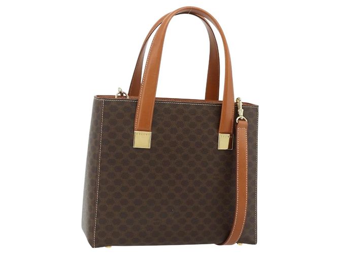 Céline Bolsa CELINE Macadam Canvas PVC Couro 2way Marrom Ouro Auth 179713A Dourado