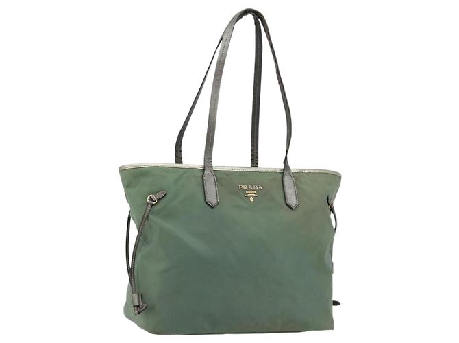 Tote Sac cabas PRADA en nylon vert et or Auth BA12579 Doré