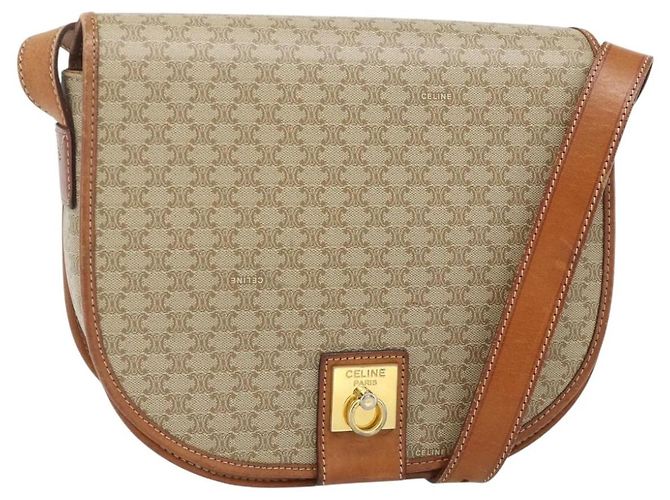 Céline Bolsa de Ombro CELINE Macadam Canvas PVC Bege Ouro Auth 179759 Dourado